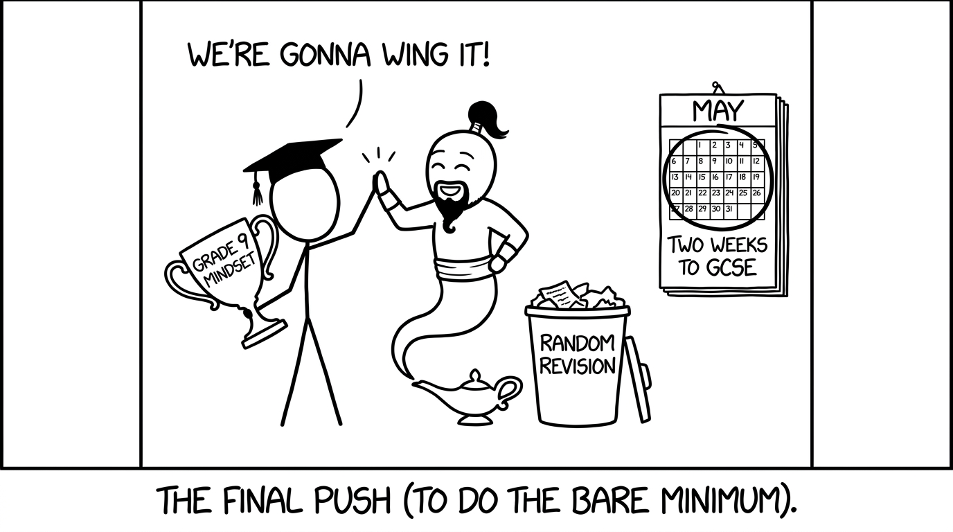 Student high-fives genie next to bin labelled random revision