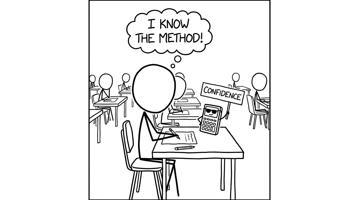 Stick figure in exam hall with cool calculator confidence