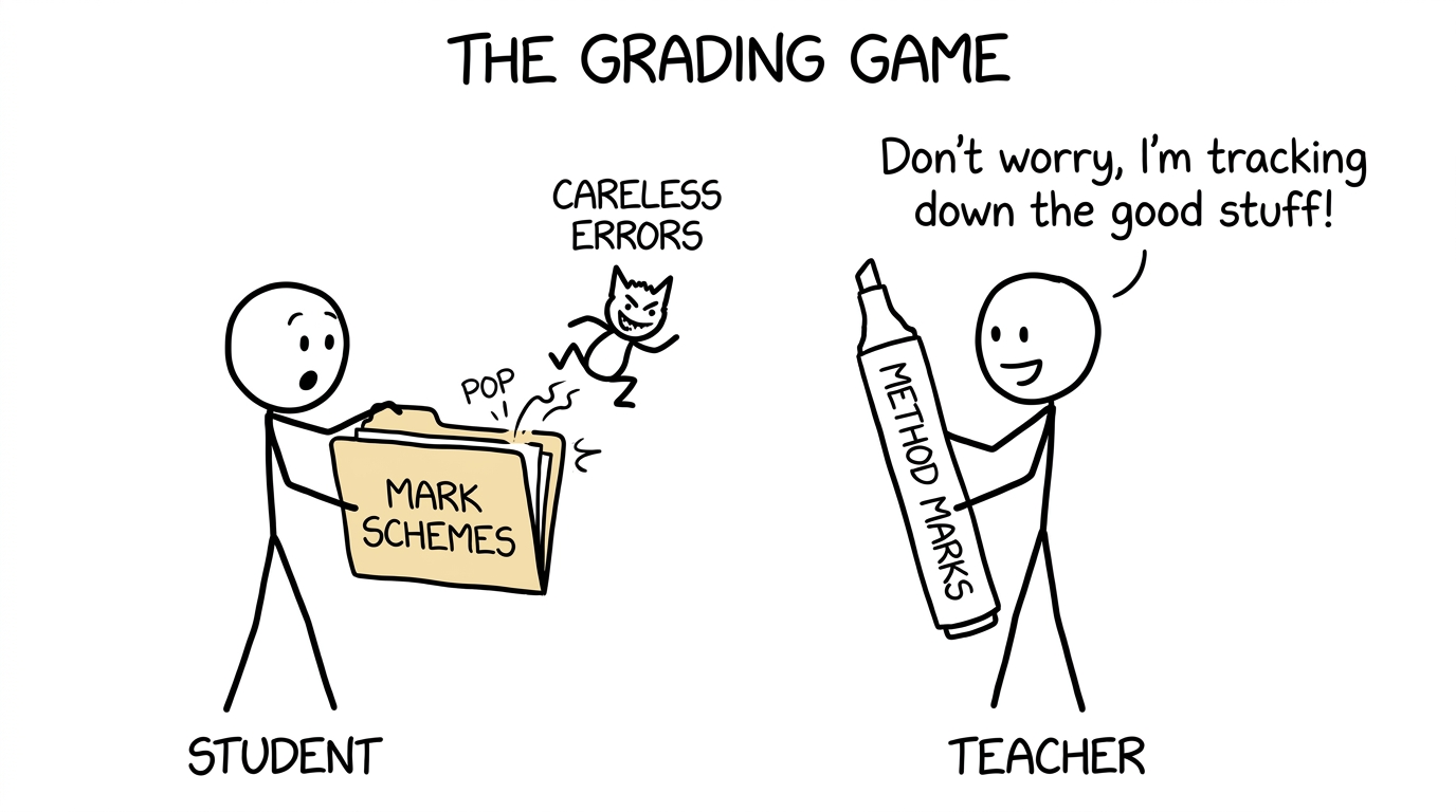 A gremlin jumps out of a folder labelled Mark schemes