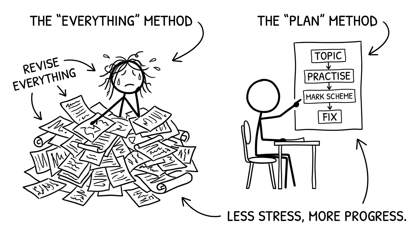 Two stick figures: chaotic revision vs calm plan