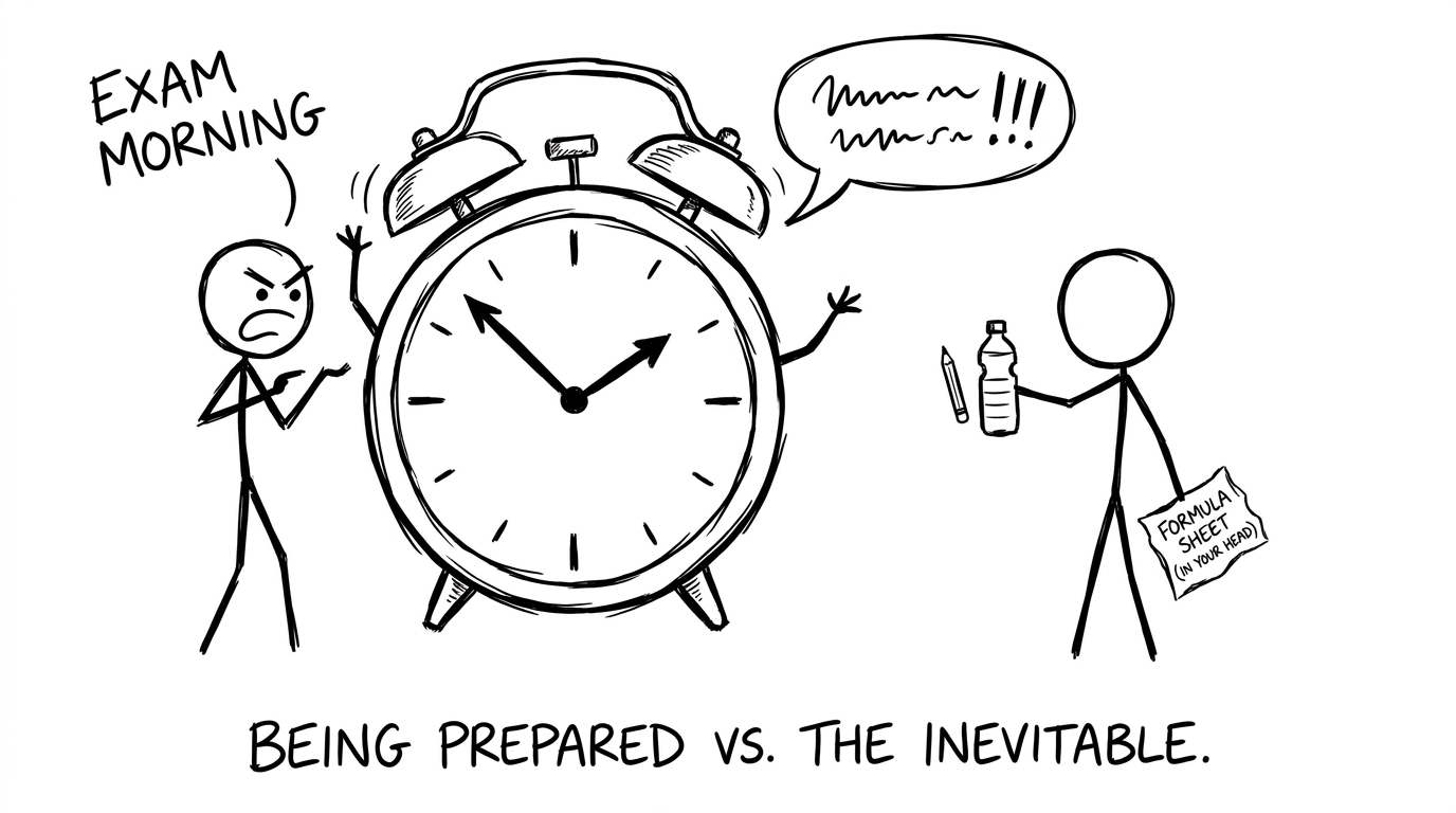 Stick figures arguing with an alarm clock while packing essentials