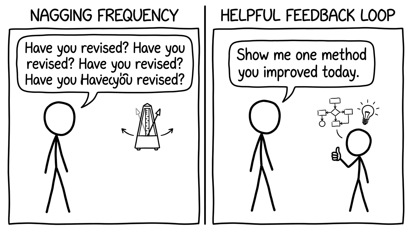 A two-panel comic showing nagging vs a helpful feedback loop
