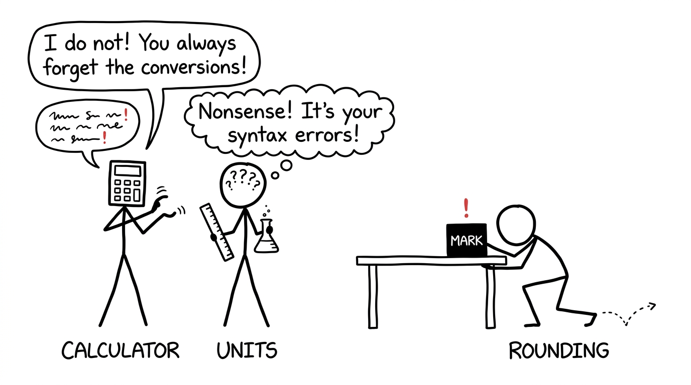 Stick figures arguing: Calculator vs Units, while Rounding steals a mark