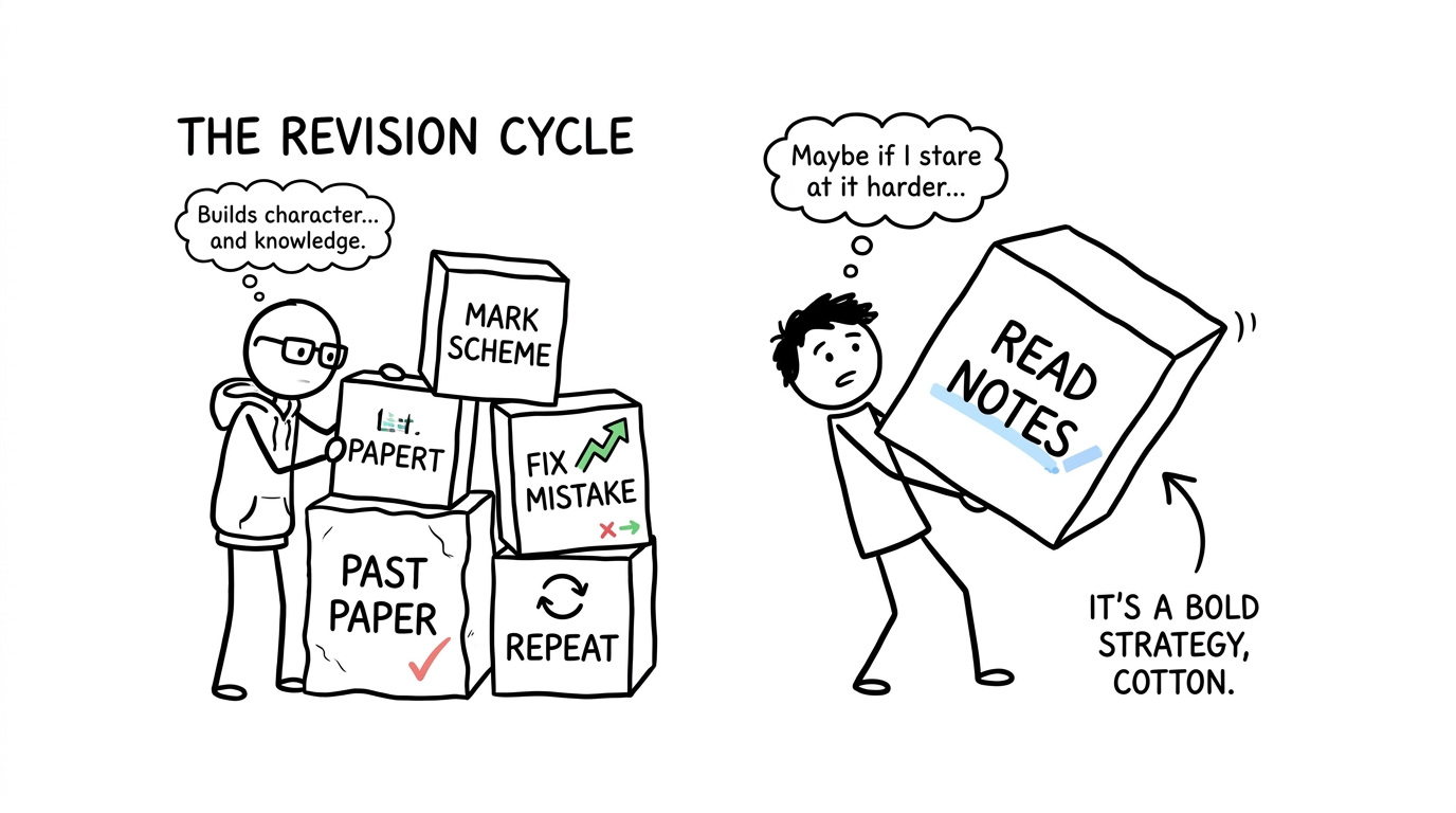 Blocks: past paper, mark scheme, fix, repeat