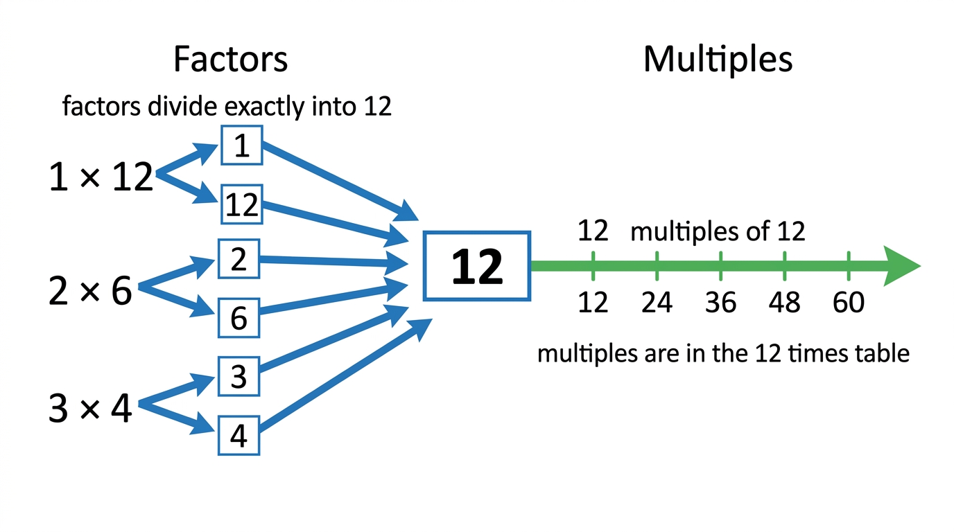 Factor pairs pointing into 12 and multiples of 12 extending outward on a number line