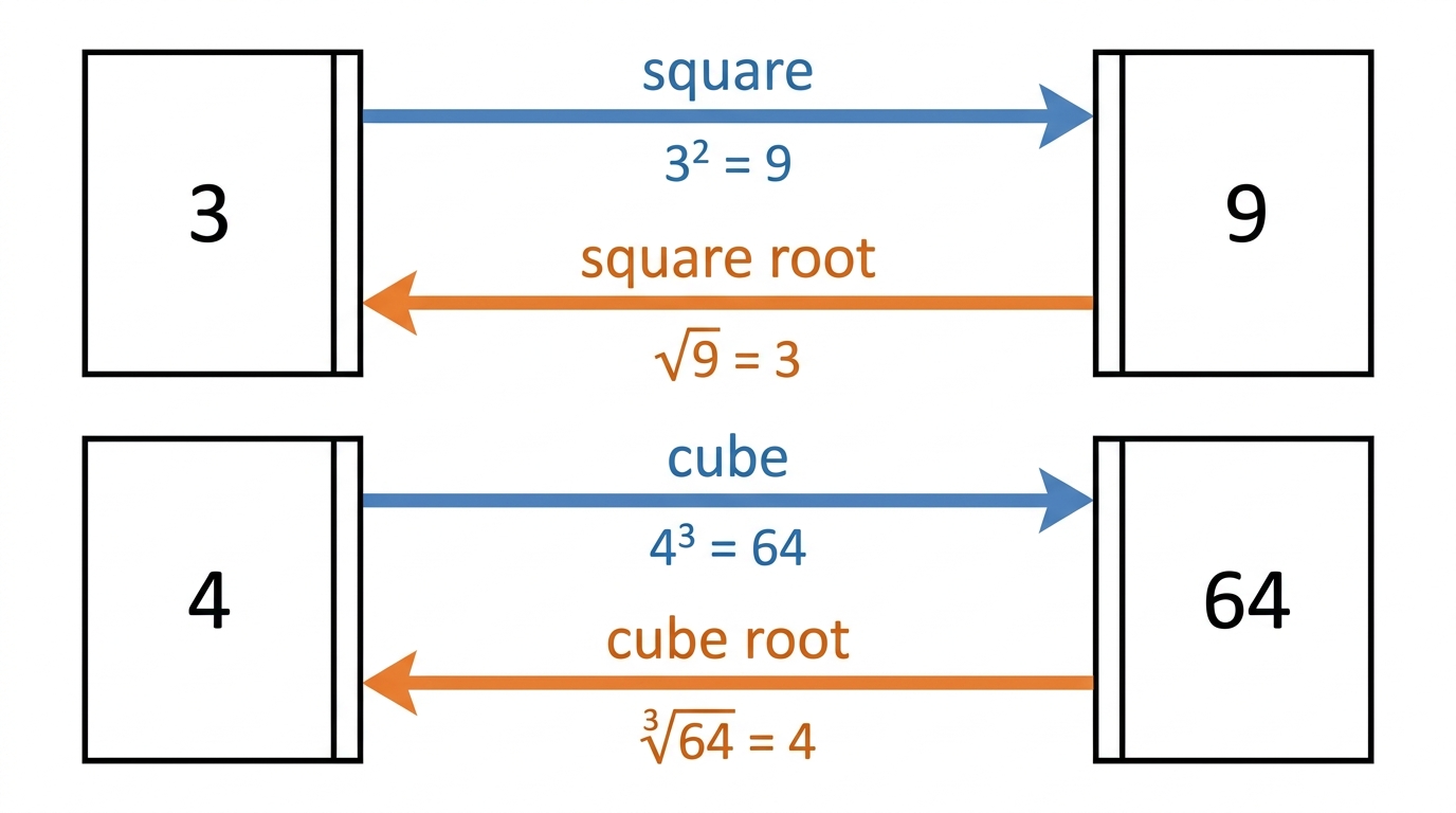 Flow diagram showing 3 squared gives 9 and square root returns to 3, and 4 cubed gives 64 and cube root returns to 4