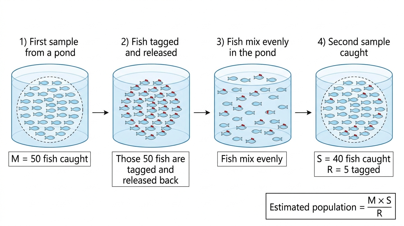 Capture-recapture process showing first sample of 50 fish tagged and released, mixed in a pond, then second sample of 40 fish with 5 tagged, labelled M, S and R.