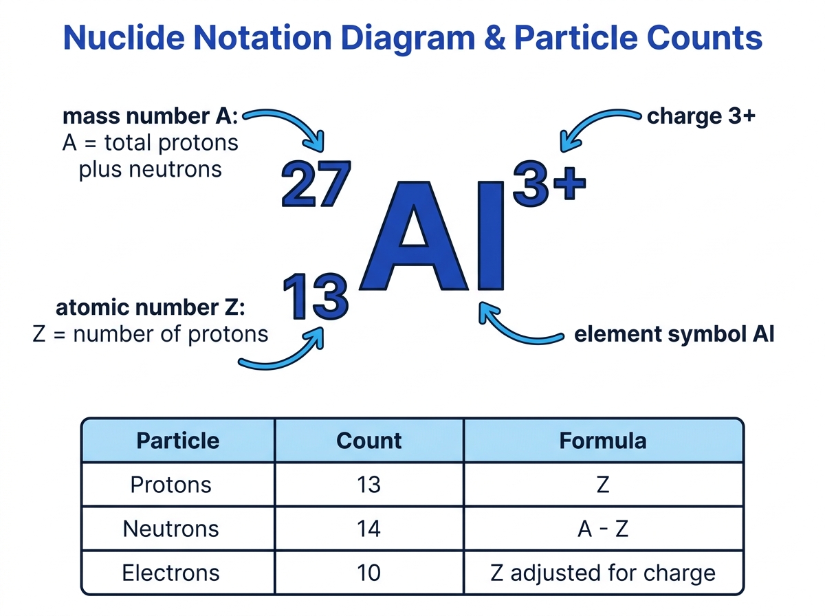 Nuclide notation for aluminium-27 ion with labels for mass number, atomic number, charge, and particle counts