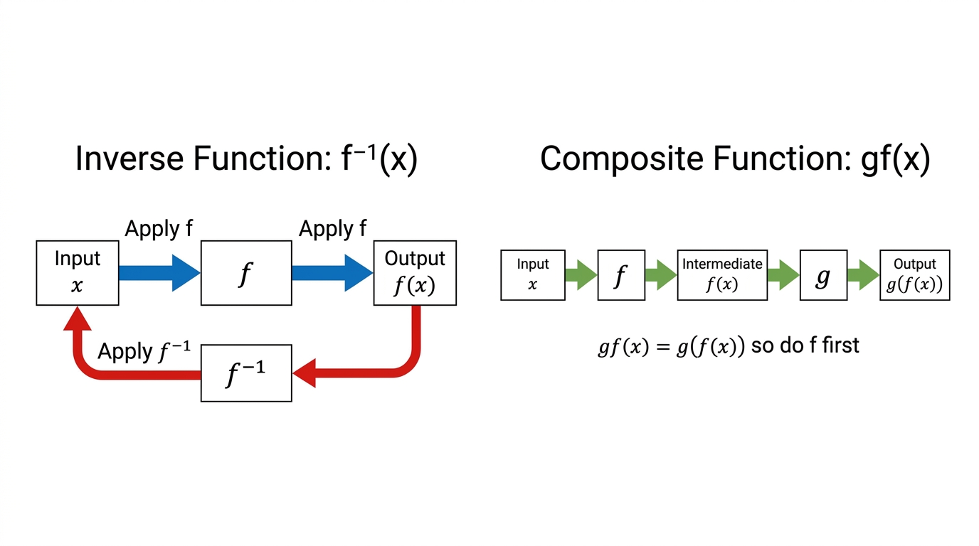 Function machine with an input x going through f to output f(x), an inverse arrow taking the output back to x, and a composite chain x through f then g to give g(f(x)).
