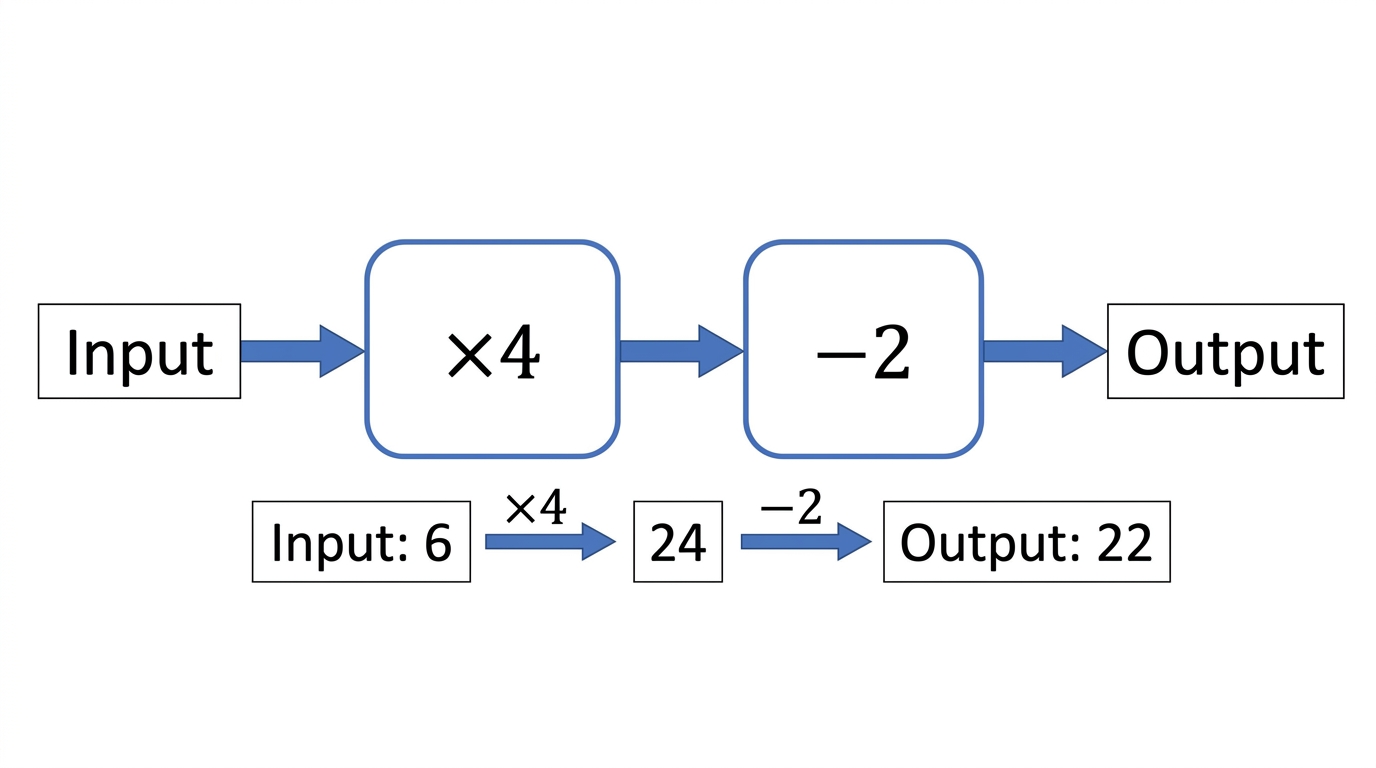 Function machine with input 6 passing through a multiply by 4 box and a subtract 2 box to give output 22, with 24 shown as the intermediate value
